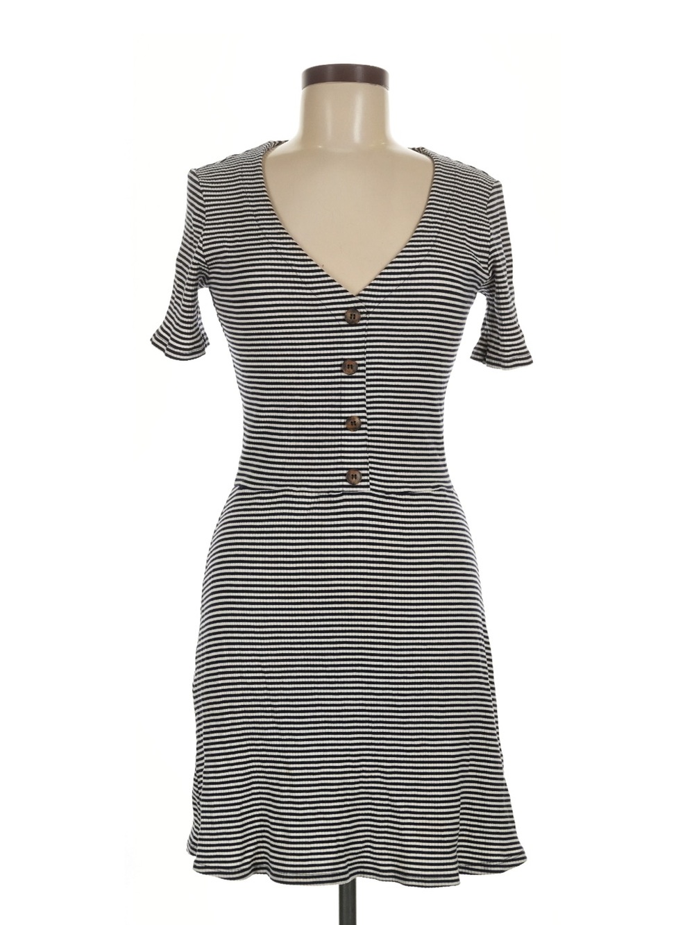Reformation Black & White Striped V‑Neck Dress with Buttons